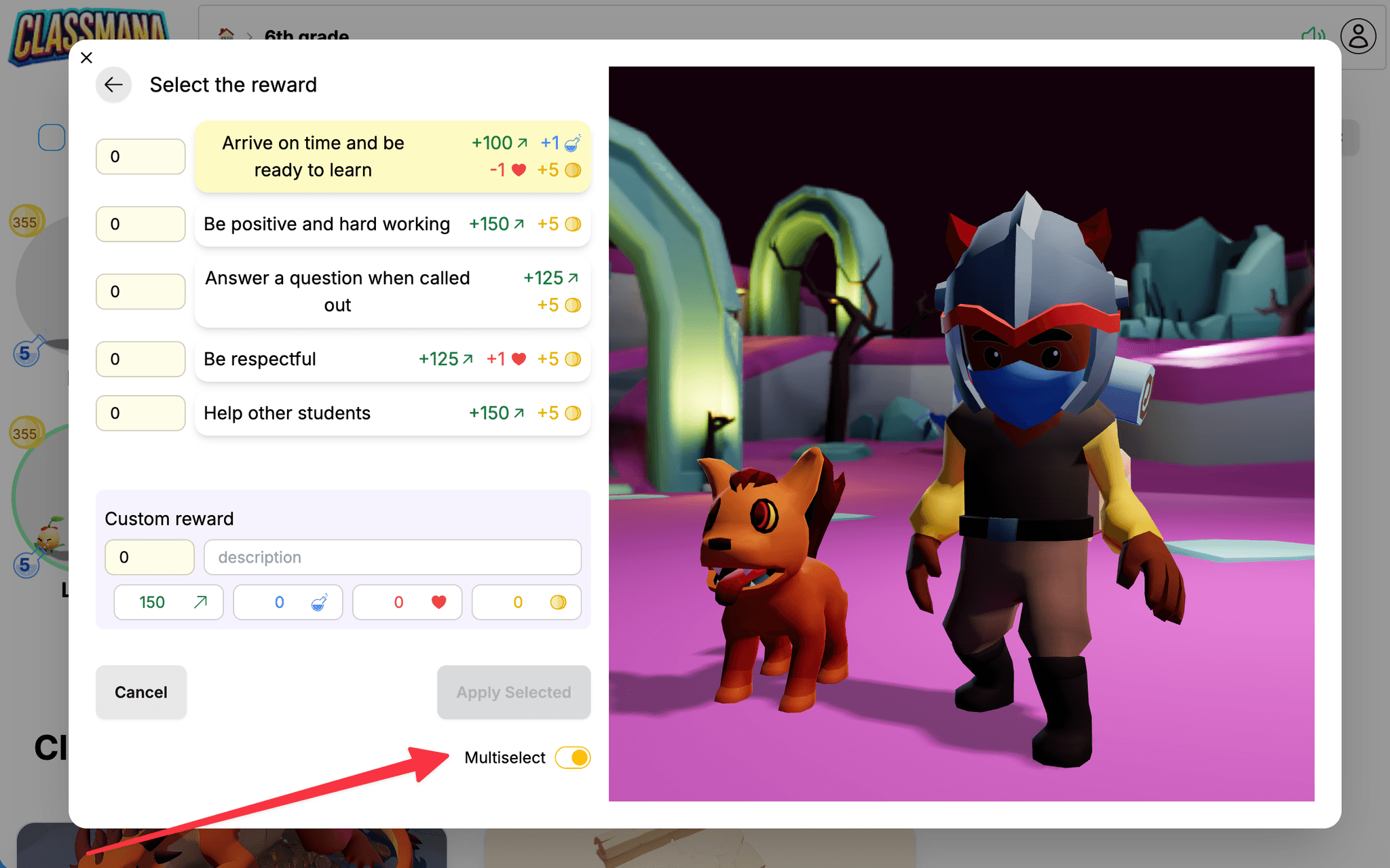 Multiselect mode toggle for rewards