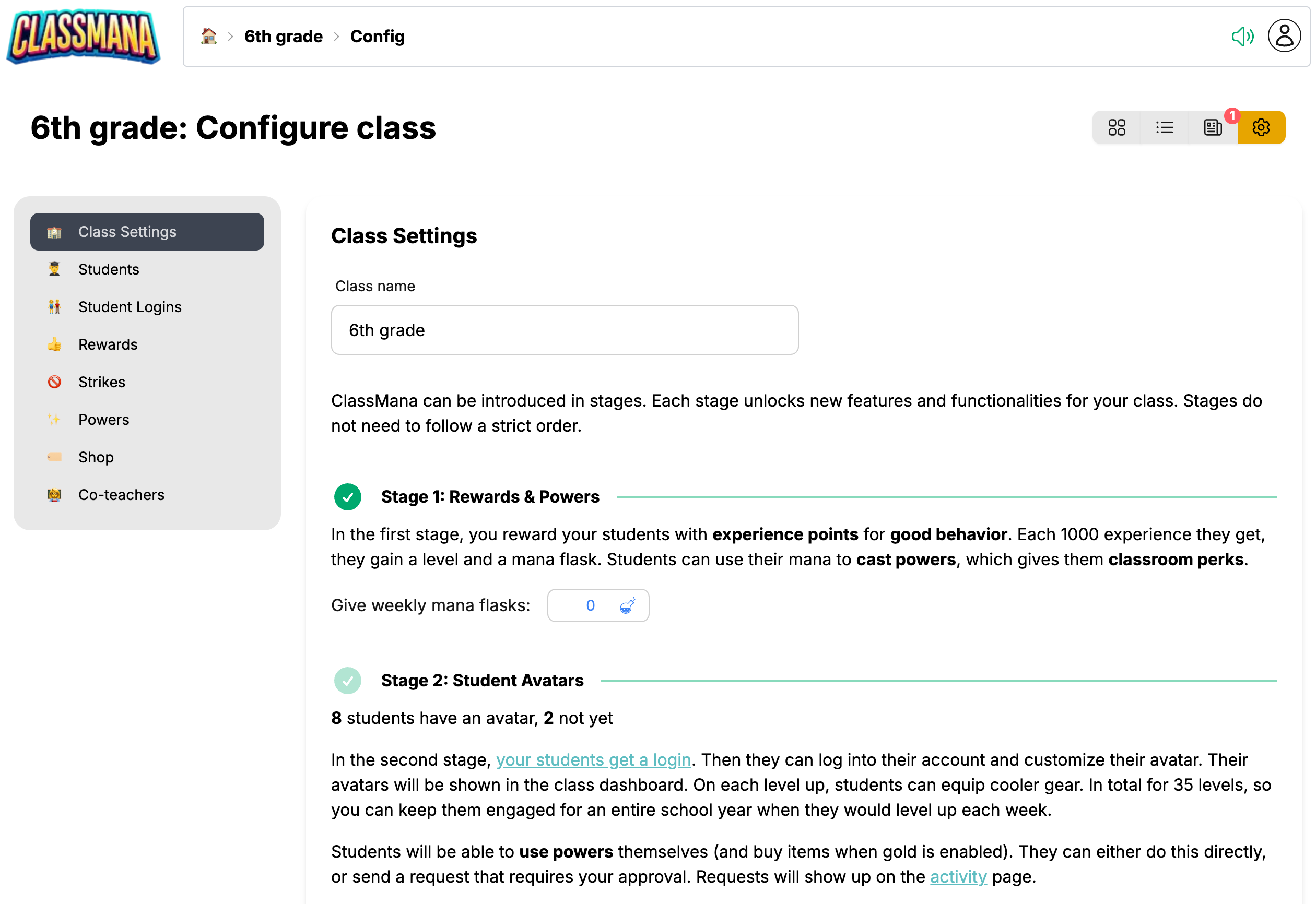 Class Settings screen
