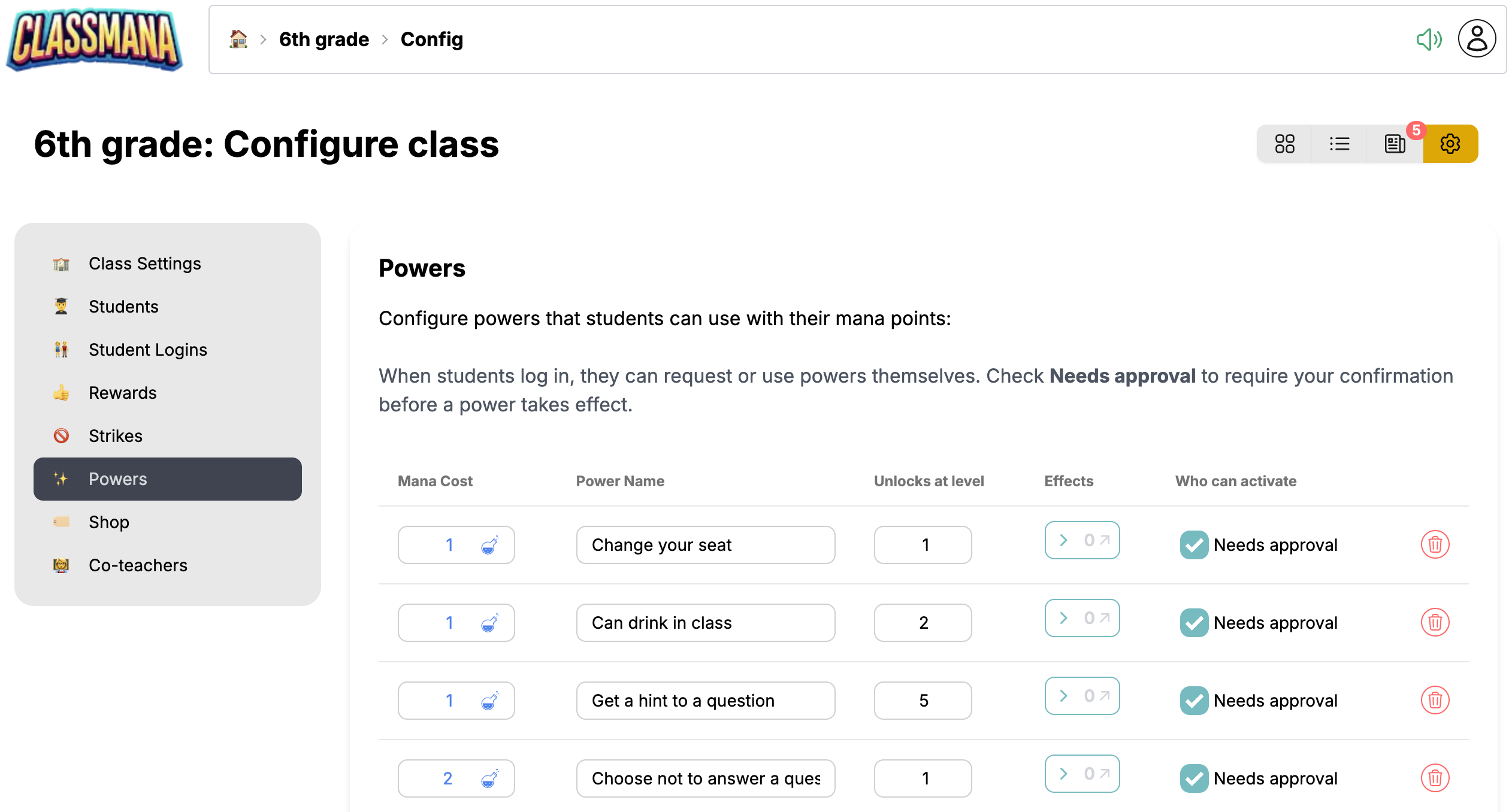 Class Settings Powers