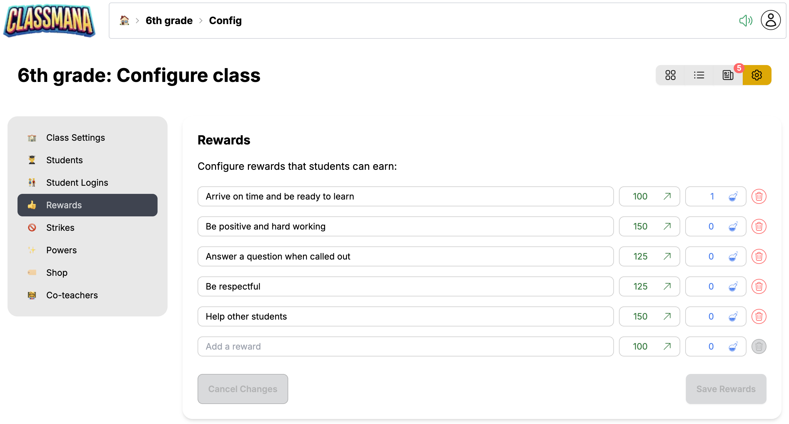 Rewards configuration panel