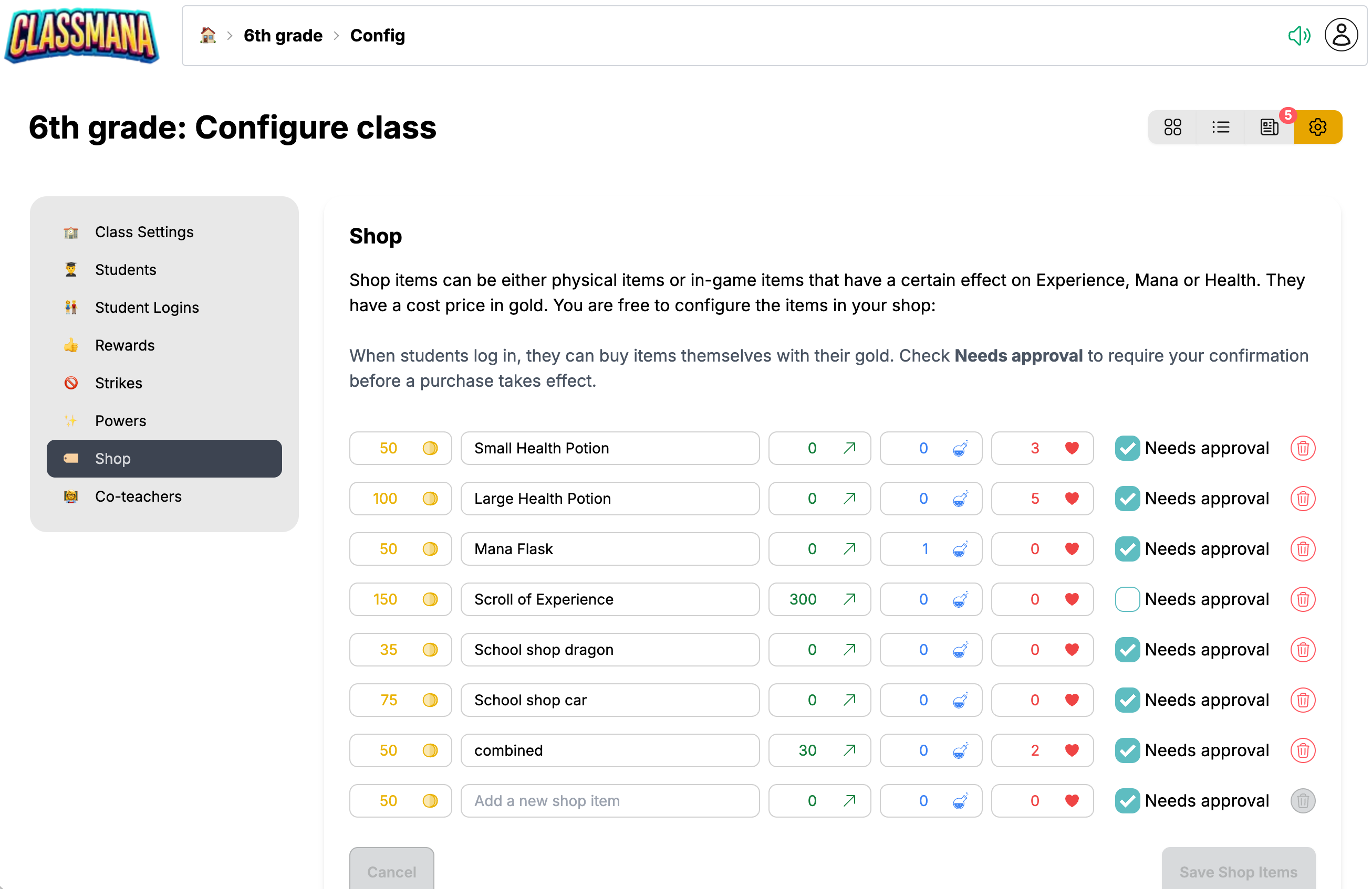Shop items configuration panel