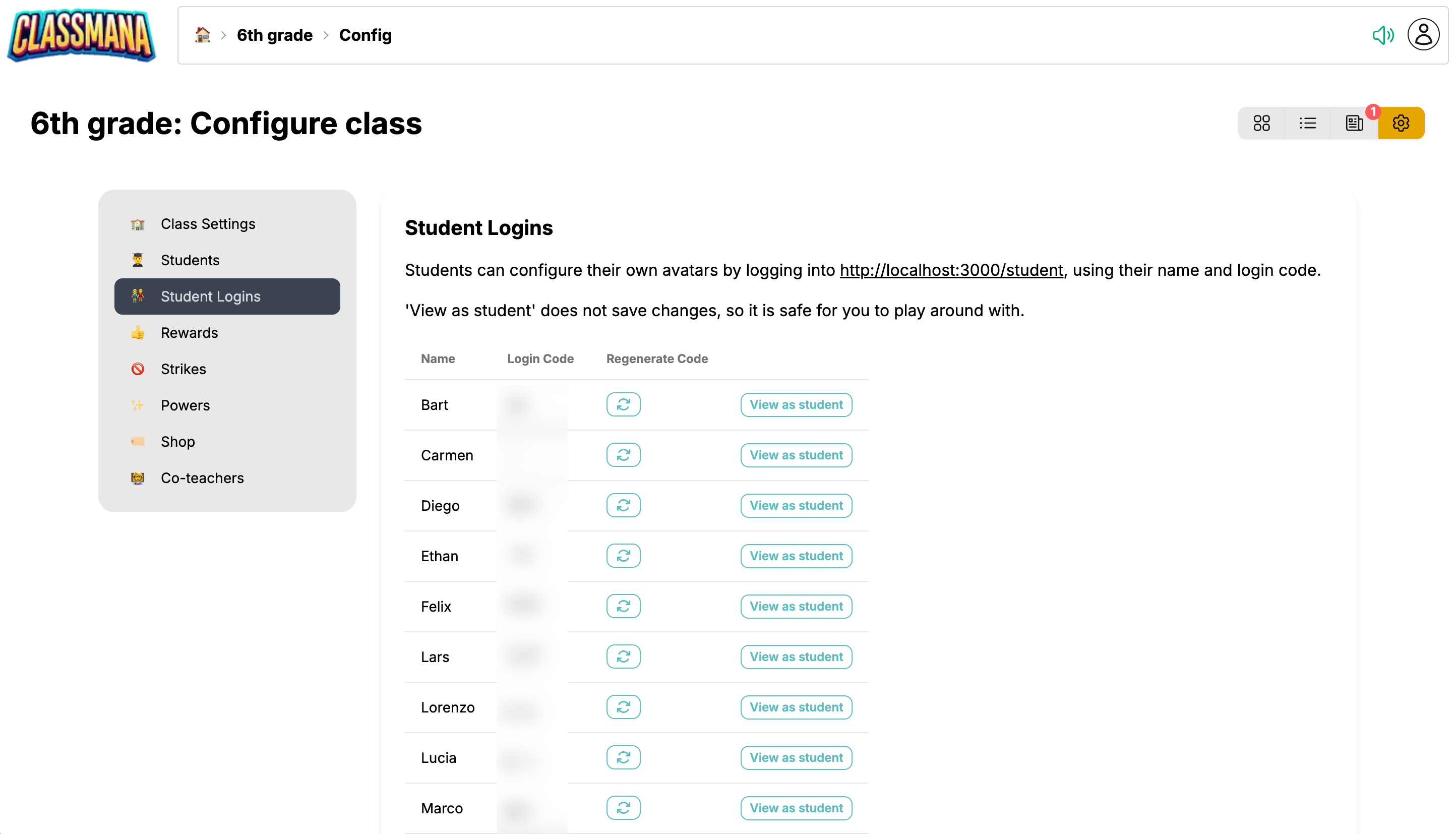 Student Logins screen