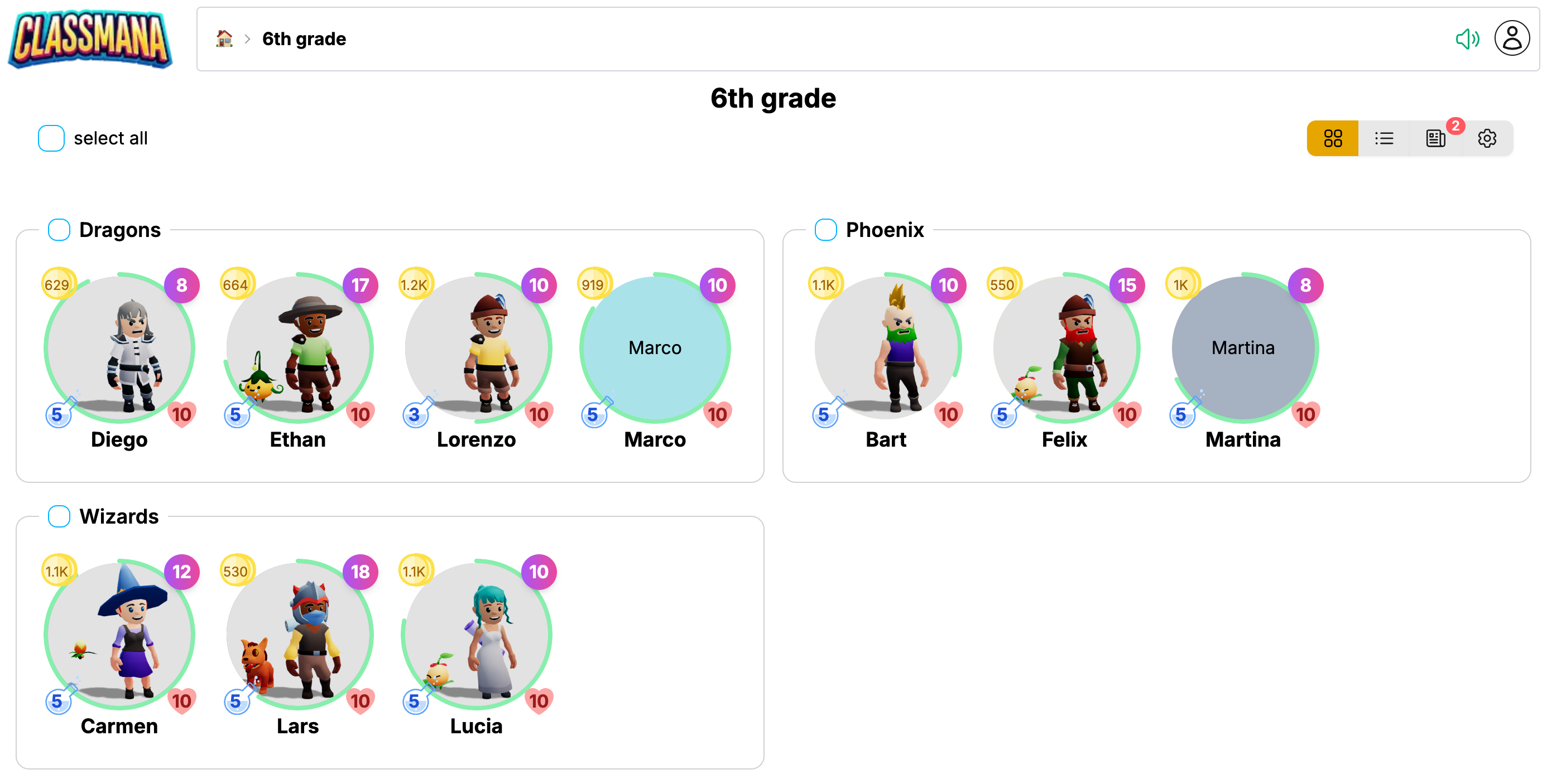 ClassMana class dashboard with 3D avatars, teams and leveling