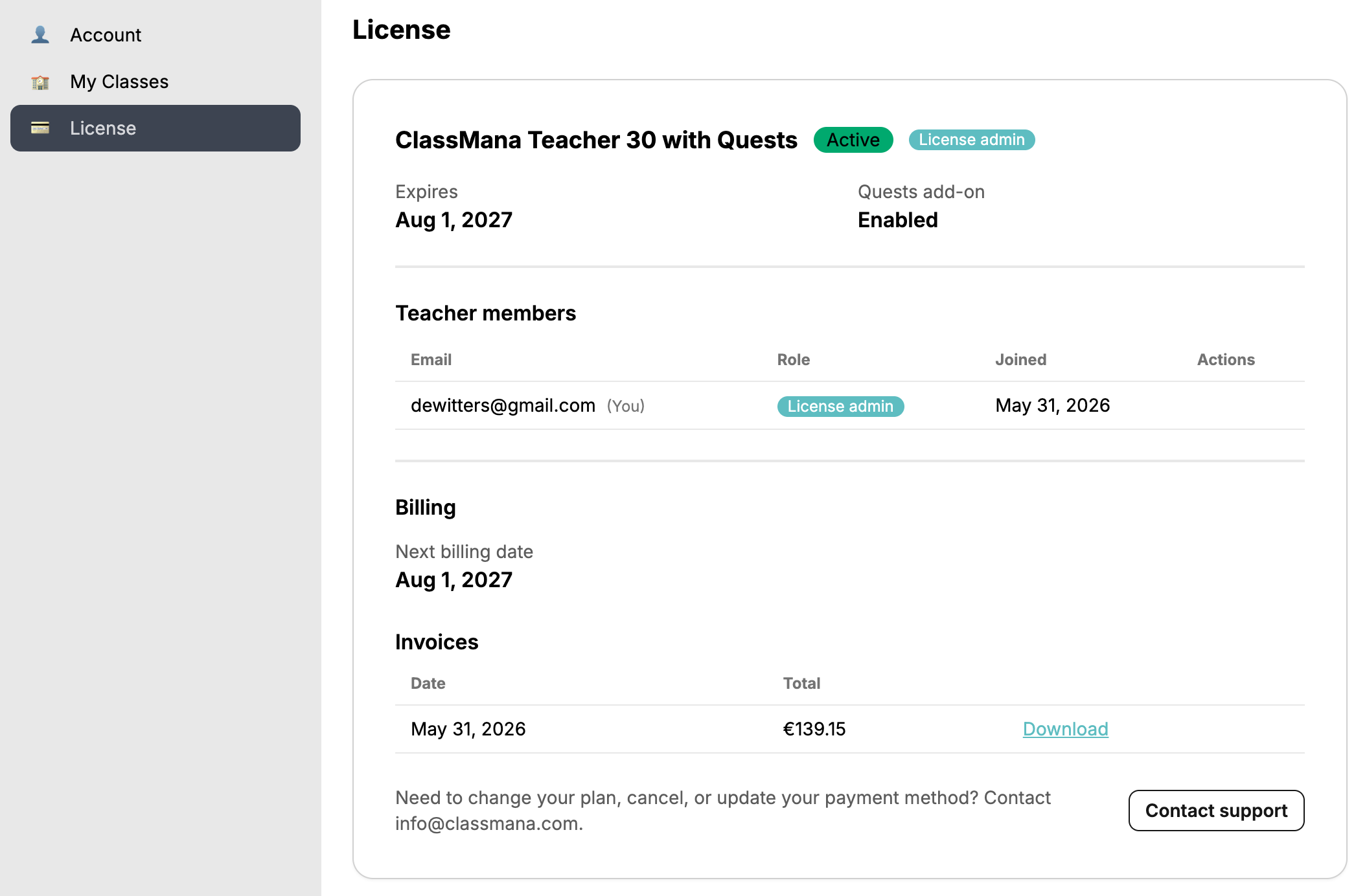 License and invoice settings