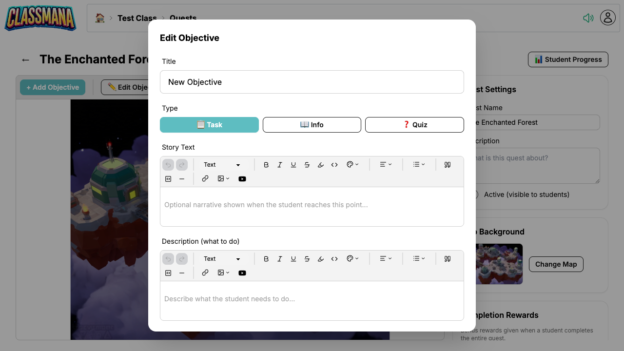 Edit Objective dialog with title, type, story text, and description fields