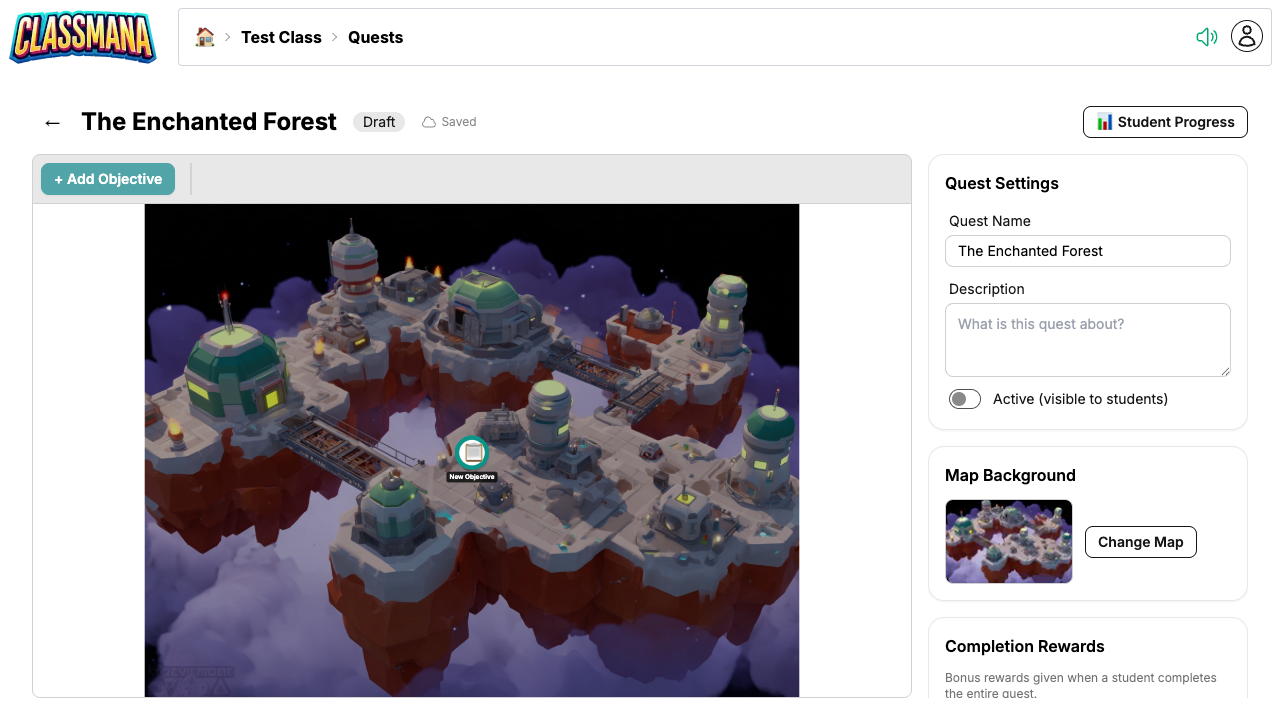 Quest map editor with objectives, toolbar, and settings sidebar