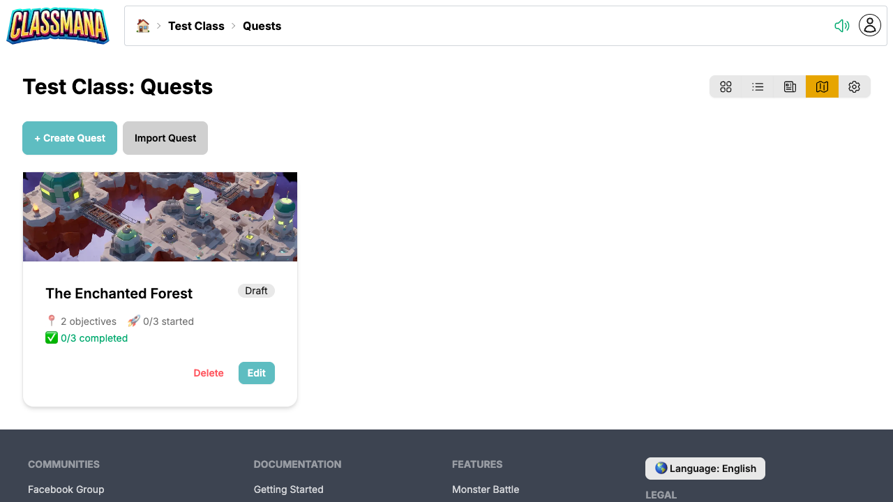 Quest list page showing quests with map preview, status, and progress