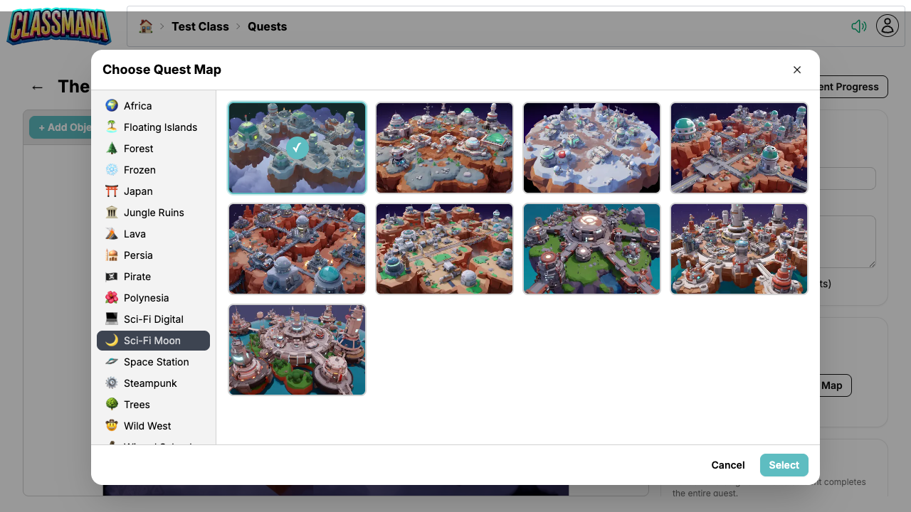 Choose Quest Map dialog with themed categories
