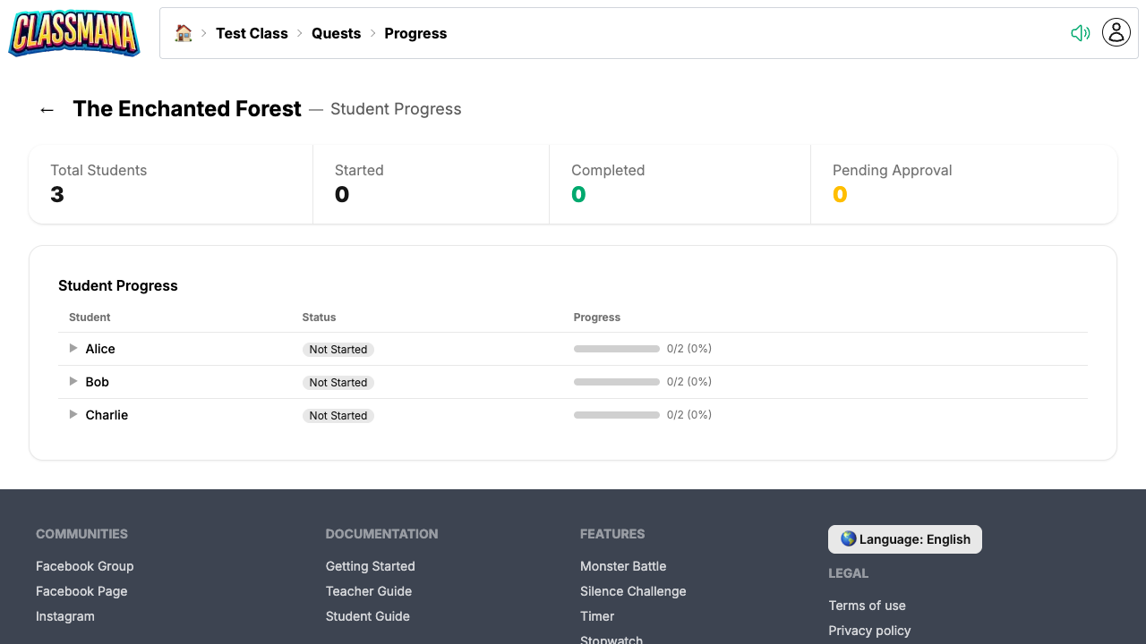 Student Progress page with summary stats and per-student progress table
