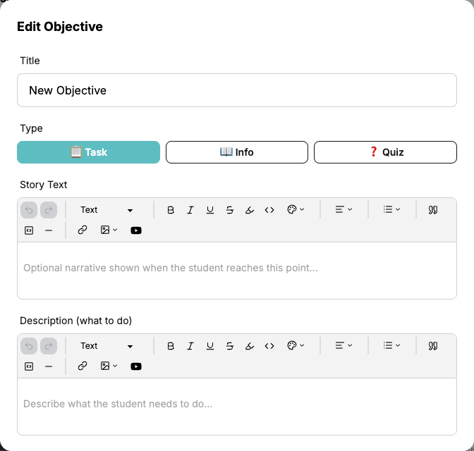 Edit Objective dialog showing the rich text editor toolbar