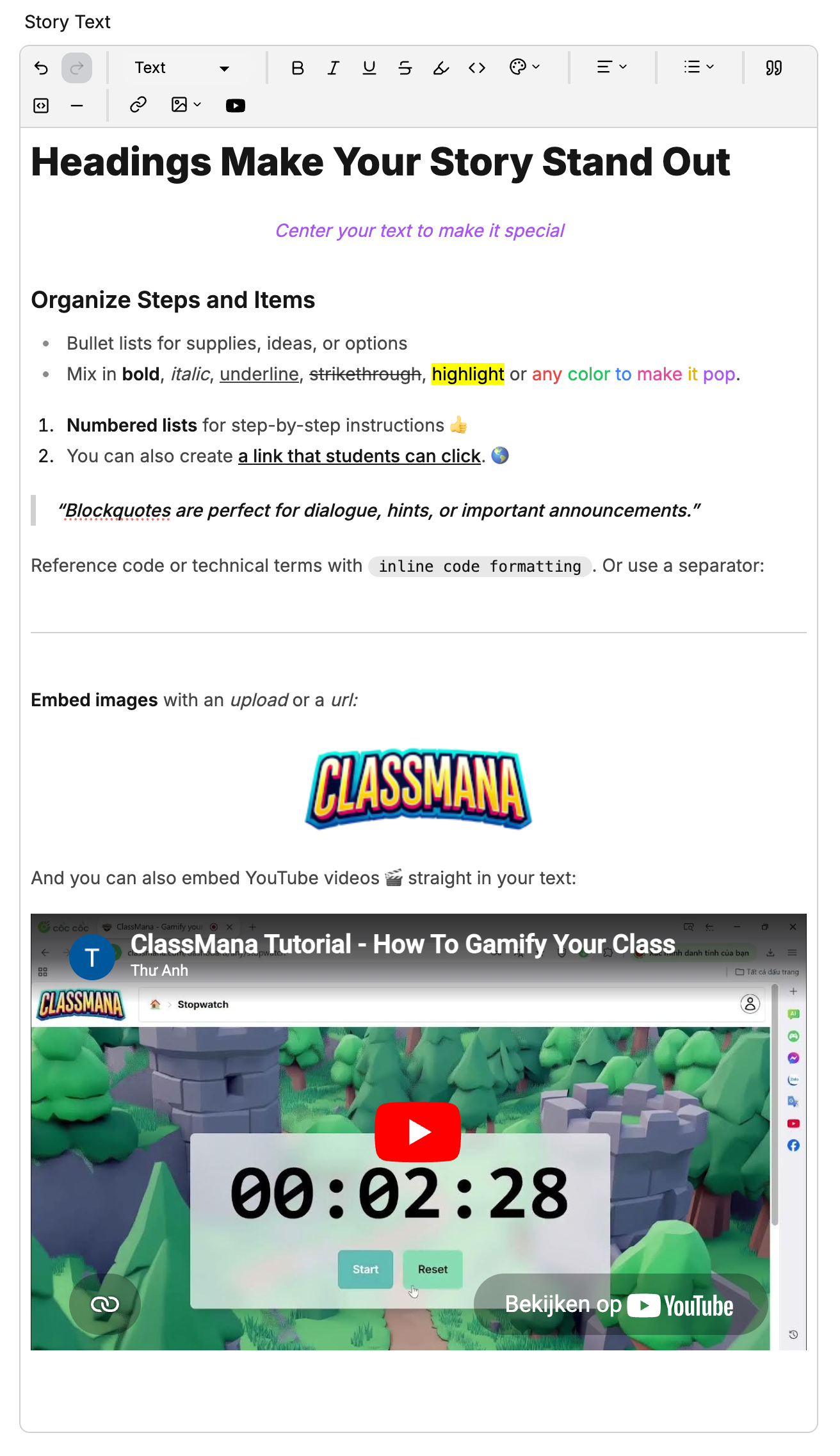 Example showing all rich text editor features including headings, text formatting, lists, blockquotes, code, images, and embedded YouTube videos